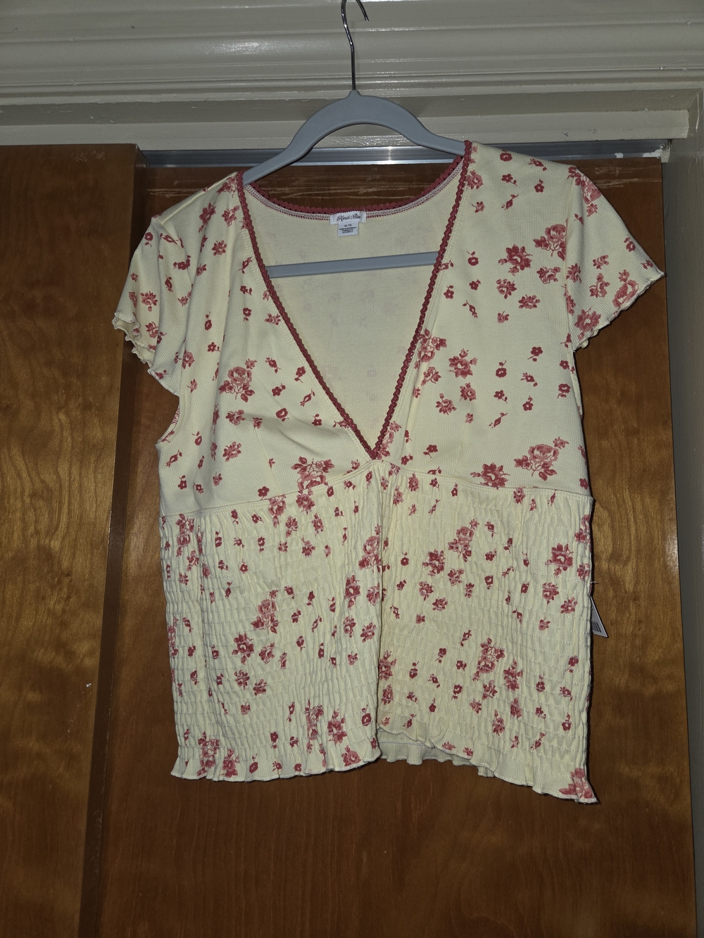 Kimchi Blue Cream Short Sleeve V-Neck Floral Blouse with Pink Print